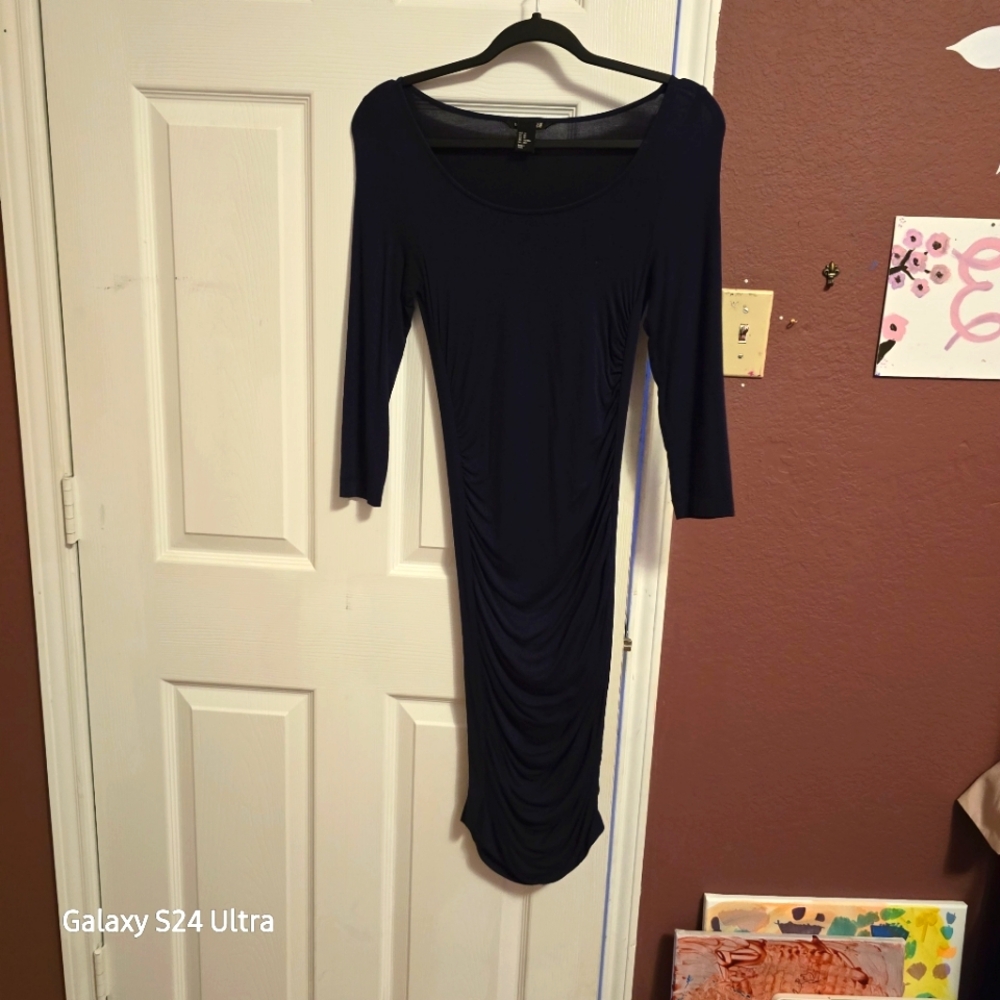 Navy Blue Ruched Midi Dress